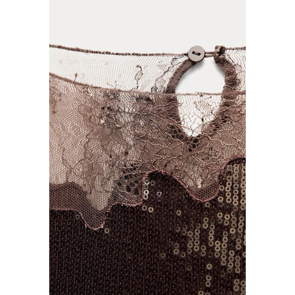NWT Zara Sequin Lace Boat Neck Top Brown Shimmer Long Sleeve Blouse S - Picture 4 of 11